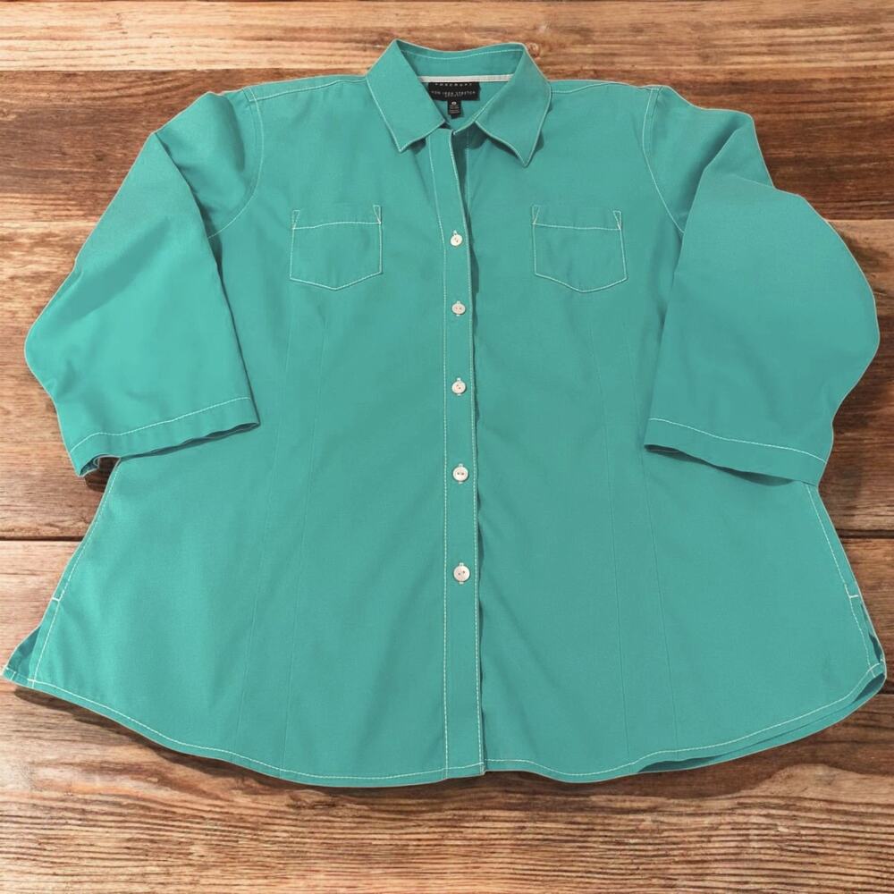 FOXCROFT Blouse Top Button Shirt Non-Iron Stretch Fitted‎ Fit 14 Turquoise Green